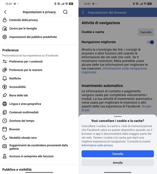 Svuotare cache Facebook browser Android