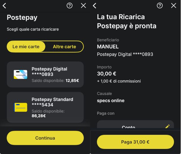 schermate di ricarica Postepay su app Poste Italiane
