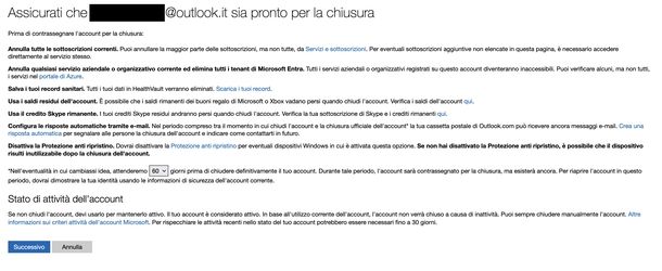 Chiudere account Microsoft