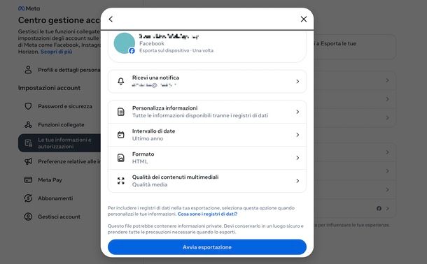 esportare dati Facebook