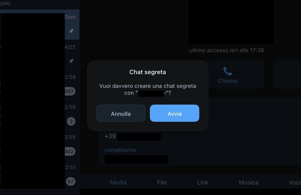 Avviare chat segreta Telegram macOS