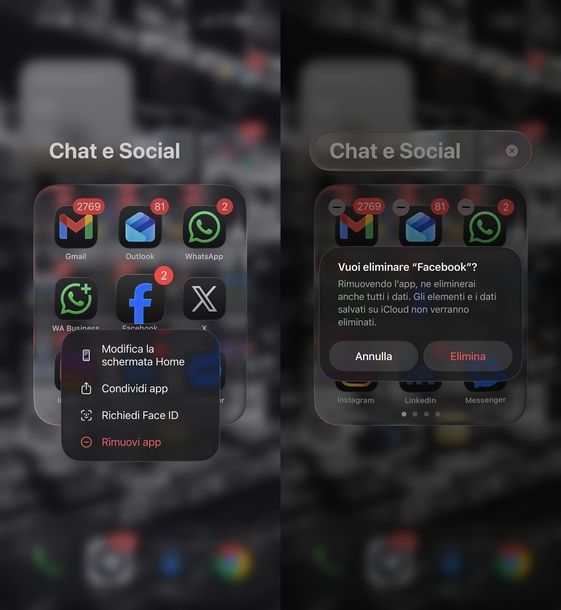 Disinstallare app Facebook iOS