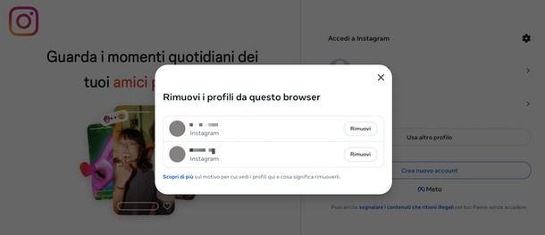 eliminare accesso account multipli Instagram PC
