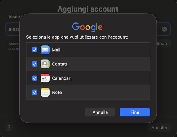 Aggiungere account Google impostazioni macOS