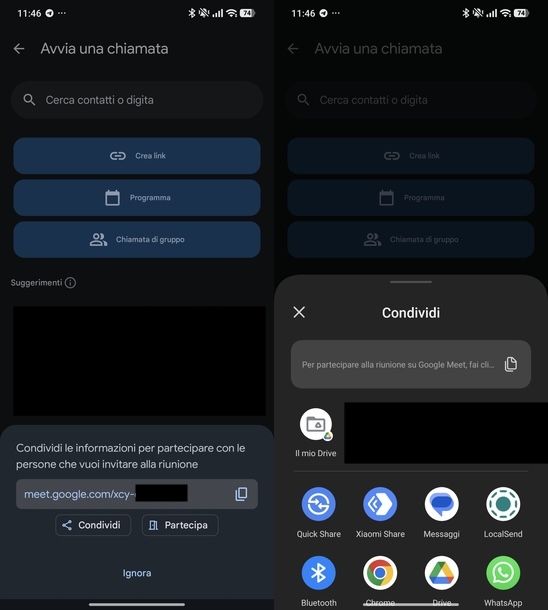 Creare link Meet app