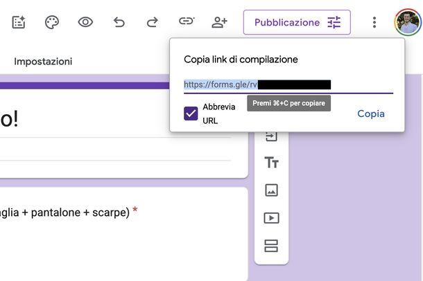 Creare link modulo Moduli Google