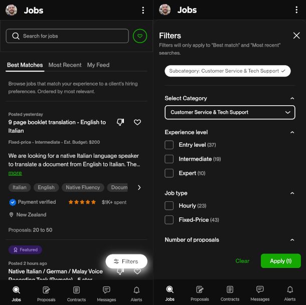 schermate app Upwork