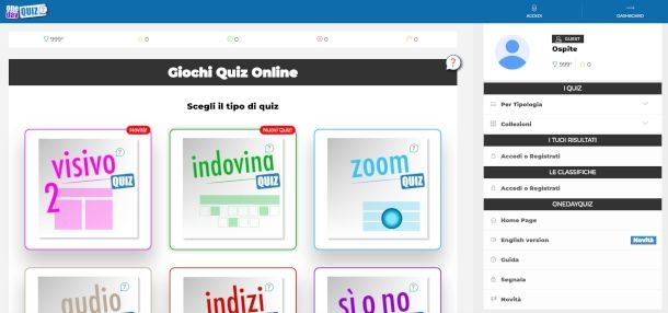 schermata sito OneDayQuiz