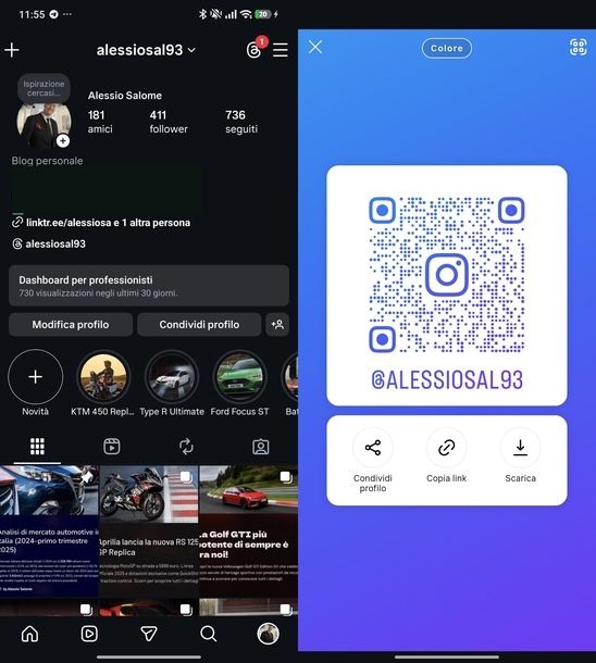 Creare QR Code profilo Instagram app