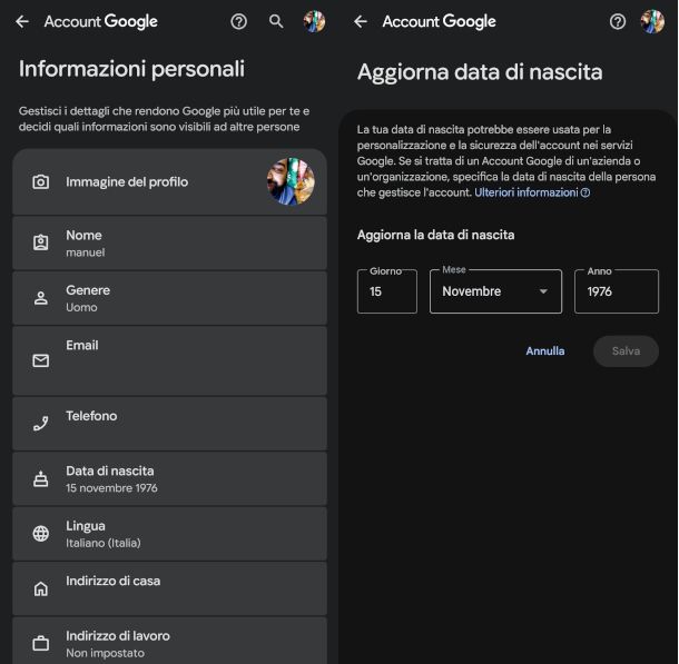 impostazioni account su app Google