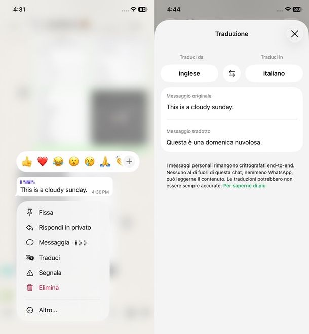 tradurre messaggi WhatsApp iPhone