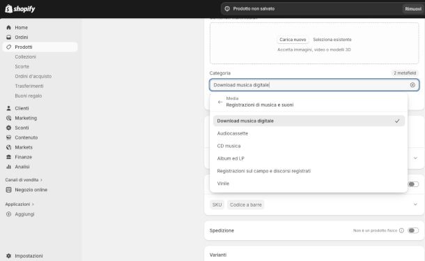 configurazione prodotto su Shopify