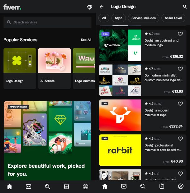 schermate app Fiverr