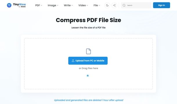 Ridurre dimensioni file PDF TinyWow
