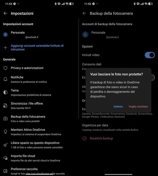 Disattivare backup automatico foto video Android