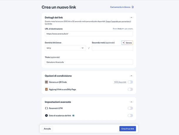 Creare link personalizzato Bitly