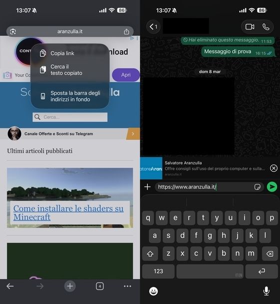 Condividere link sito su WhatsApp iOS