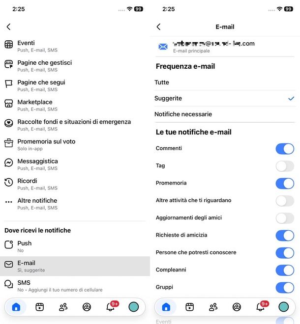 togliere notifiche email Facebook via email app