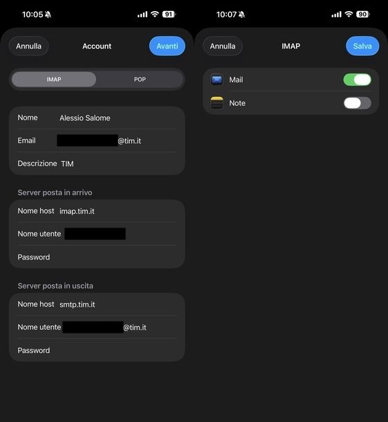 Aggiungere account Alice Mail impostazioni iOS