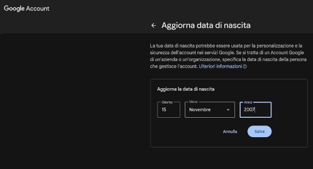 schermata modifica et&agrave; su account Google da Web