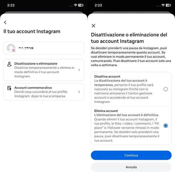 eliminare account Instagram app definitivamente