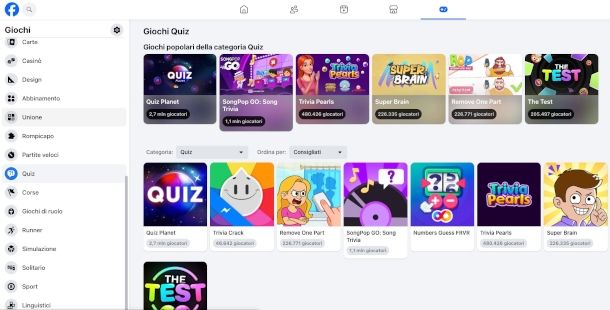 sezione Giochi su Facebook