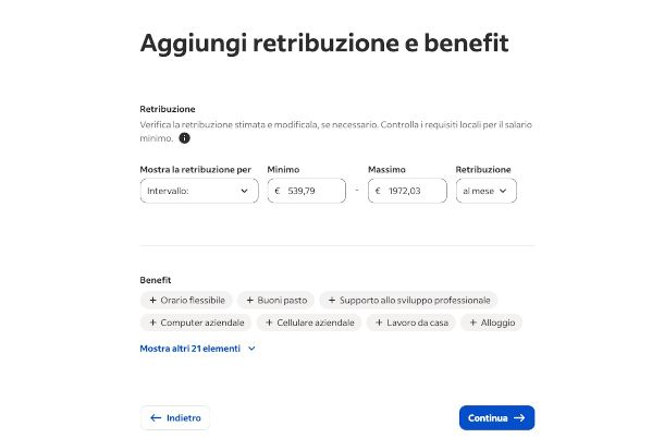 sezione benefit e retribuzioni della procedura di pubblicazione di un annuncio su Indeed