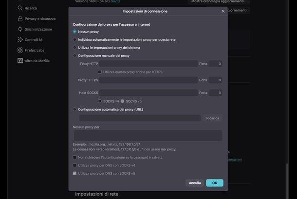 Disattivare proxy Mozilla Firefox