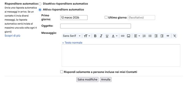 Impostare risposta automatica Gmail