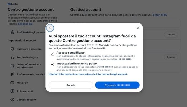 eliminare account multipli Centro gestione account Instagram PC