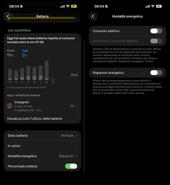 Disattivare risparmio energetico iPhone