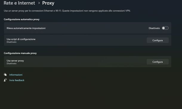 Disattivare proxy Windows