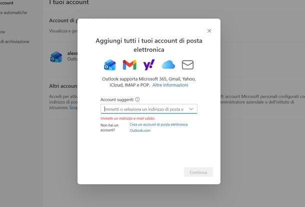 Aggiungere account Google Microsoft Outlook Windows