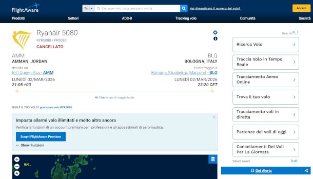 pagina di dettaglio volo cancellato su sito FlightAware