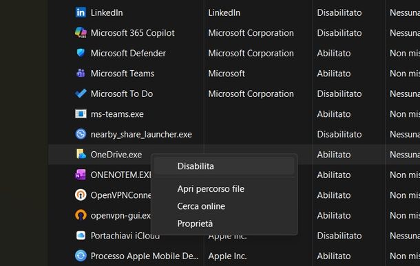 Disattivare avvio automatico OneDrive Windows