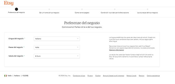 Creazione negozio Etsy
