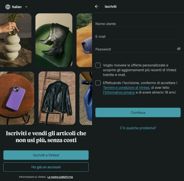 schermate app Vinted per registrazione