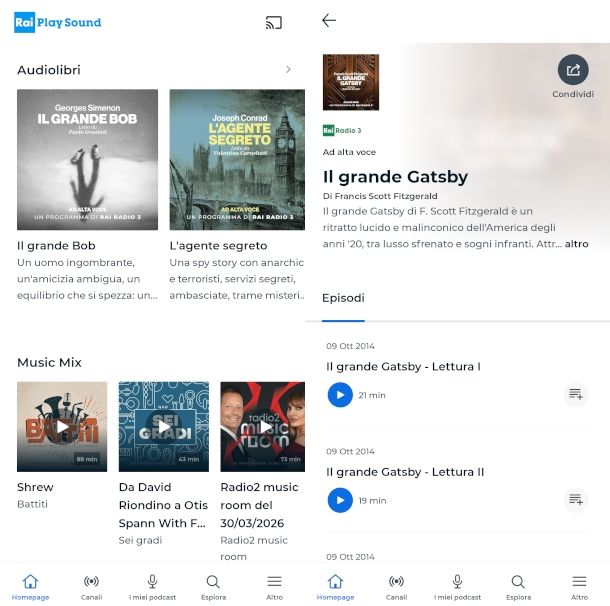 schermate app RaiPlay Sound