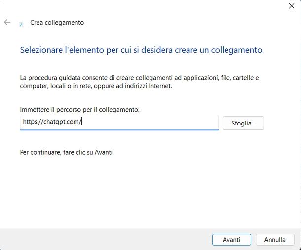 Creare collegamento sito ChatGPT Windows