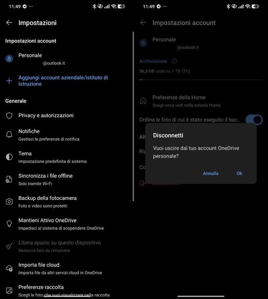 Scollegare account OneDrive Android