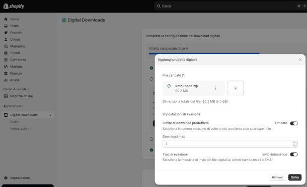 upload file digitale su Shopify