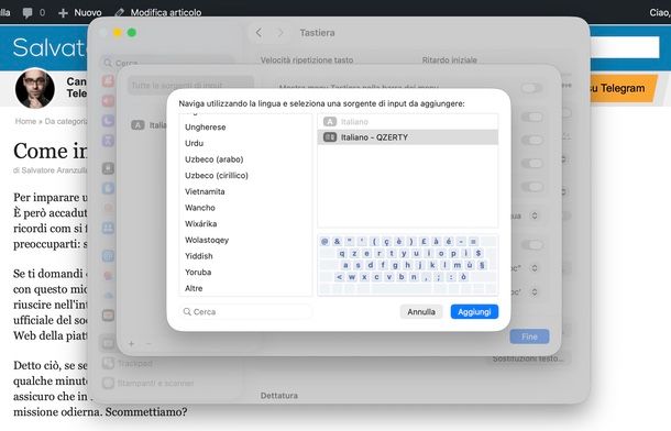 aggiungere lingua tastiera Mac 