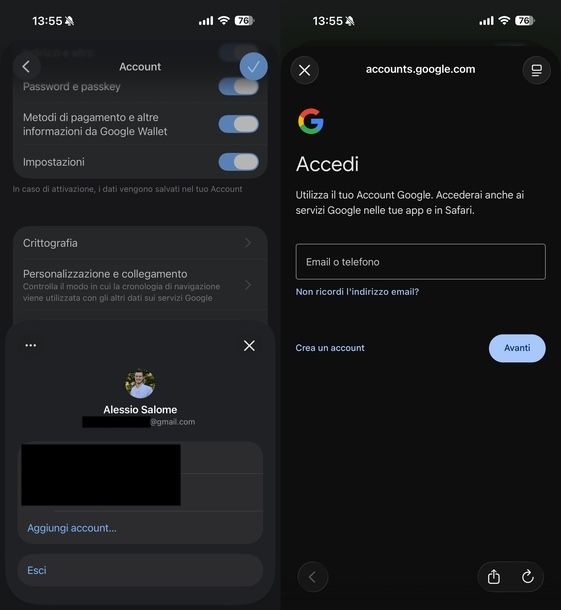 Cambiare account Google Chrome iOS
