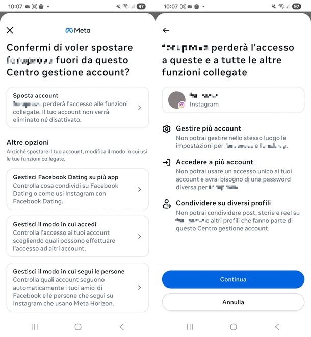 eliminare account multipli Instagram Centro gestione account app
