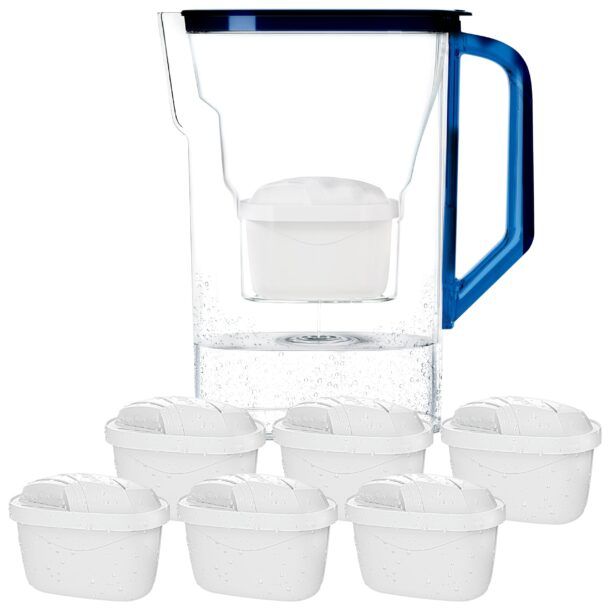 PearlCo Caraffa Filtro Acqua Antracite + 6 Cartucce Classic – Riduce Calcare E Cloro