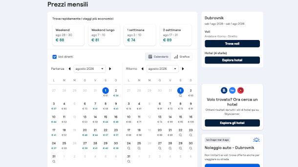 calendari prezzi su Skyscanner