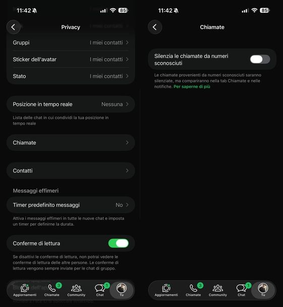 Disattivare blocco chiamate numeri sconosciuti WhatsApp iOS