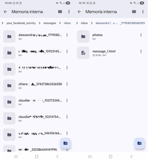 aprire archivio chat esportate Messenger smartphone