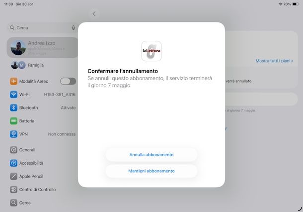 Disdire abbonamento Corriere della Sera da iPad