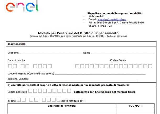 Modulo di ripensamento Enel